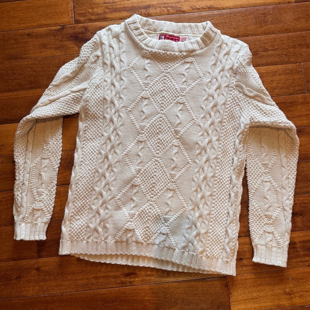 Vintage Binghamton knitting co ivory cotton cable knit sweater size XS aug1